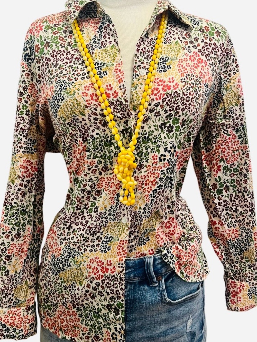 FOXCROFT/ WRINKLE FREE CREAM & GREEN floral button-down shirt